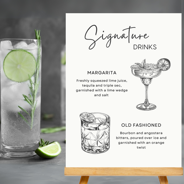 timeless white signature drinks sign - affordable personalised wedding signs