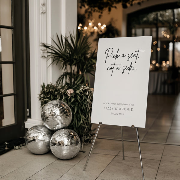 sophisticated wedding ceremony pick a seat not a side sign - personalised wedding pick a seat sign for a wedding ceremony. A minimalist, elegant design with classic and timeless black typography