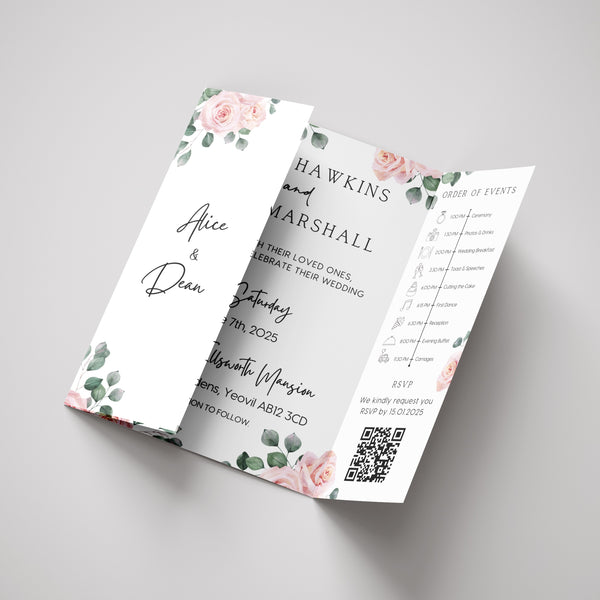 Pink Roses Floral Gatefold Wedding Invitations