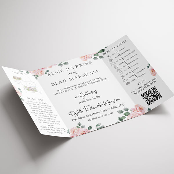 Pink Roses Floral Gatefold Wedding Invitations