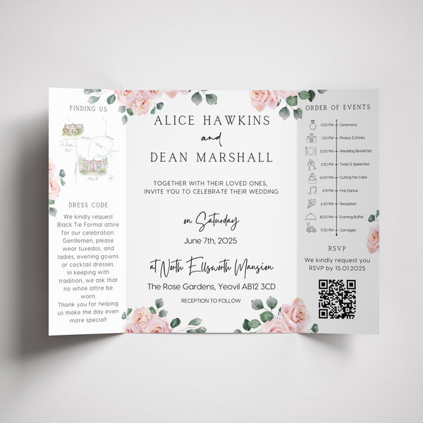 Pink Roses Floral Gatefold Wedding Invitations