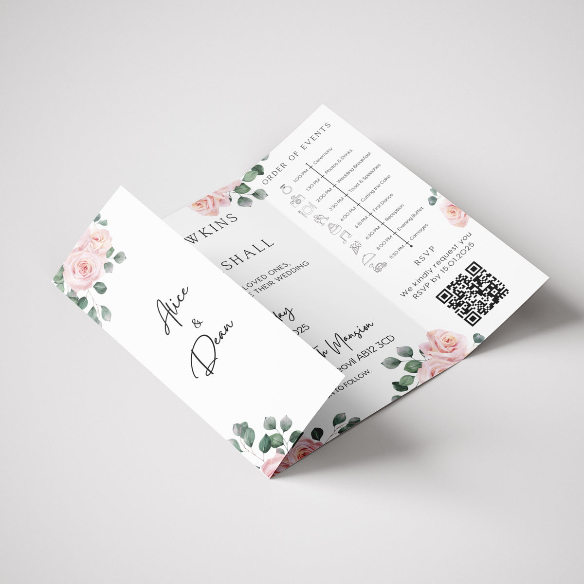 Pink Roses Floral Gatefold Wedding Invitations