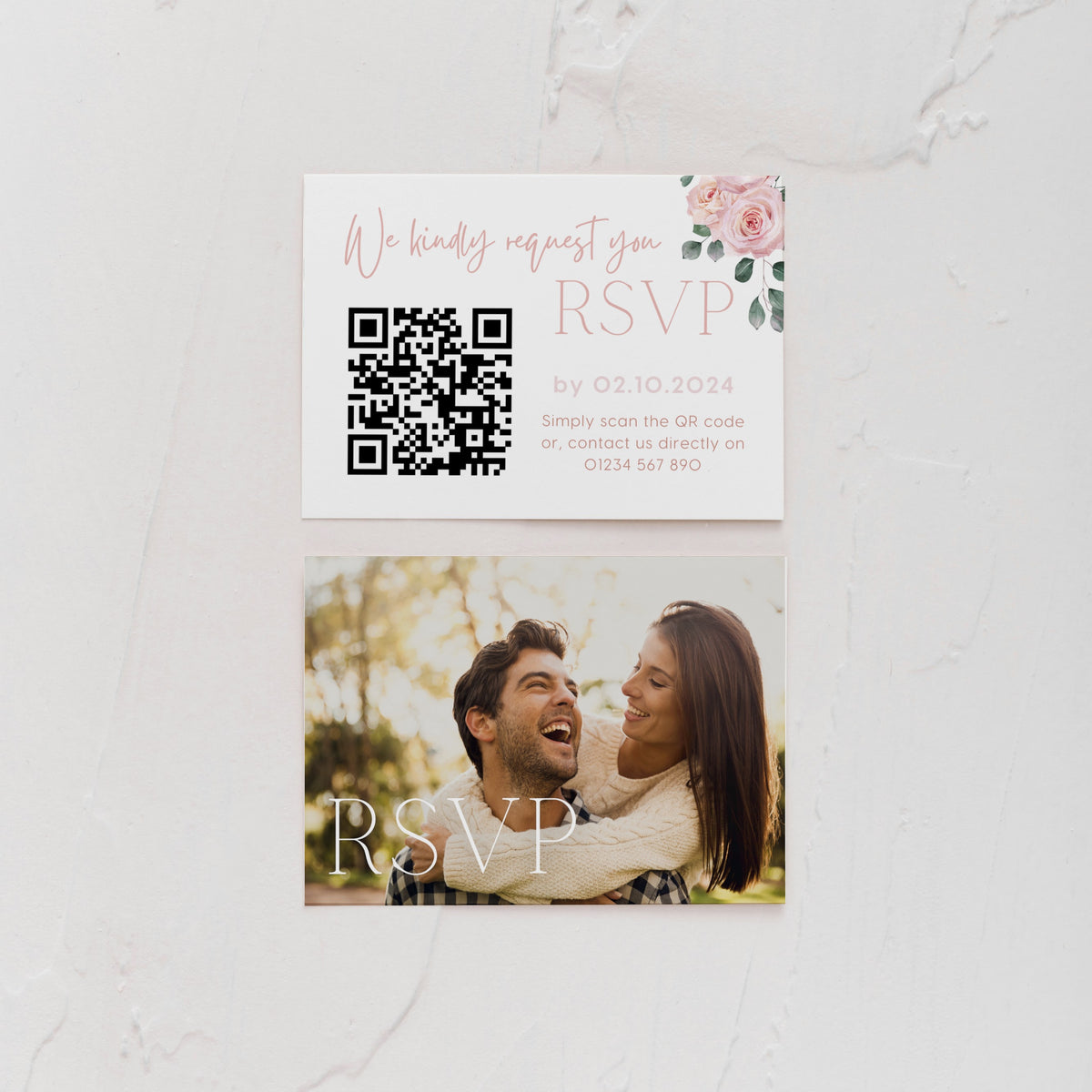 pink roses floral wedding RSVP with QR - personalised wedding RSVPs invitations