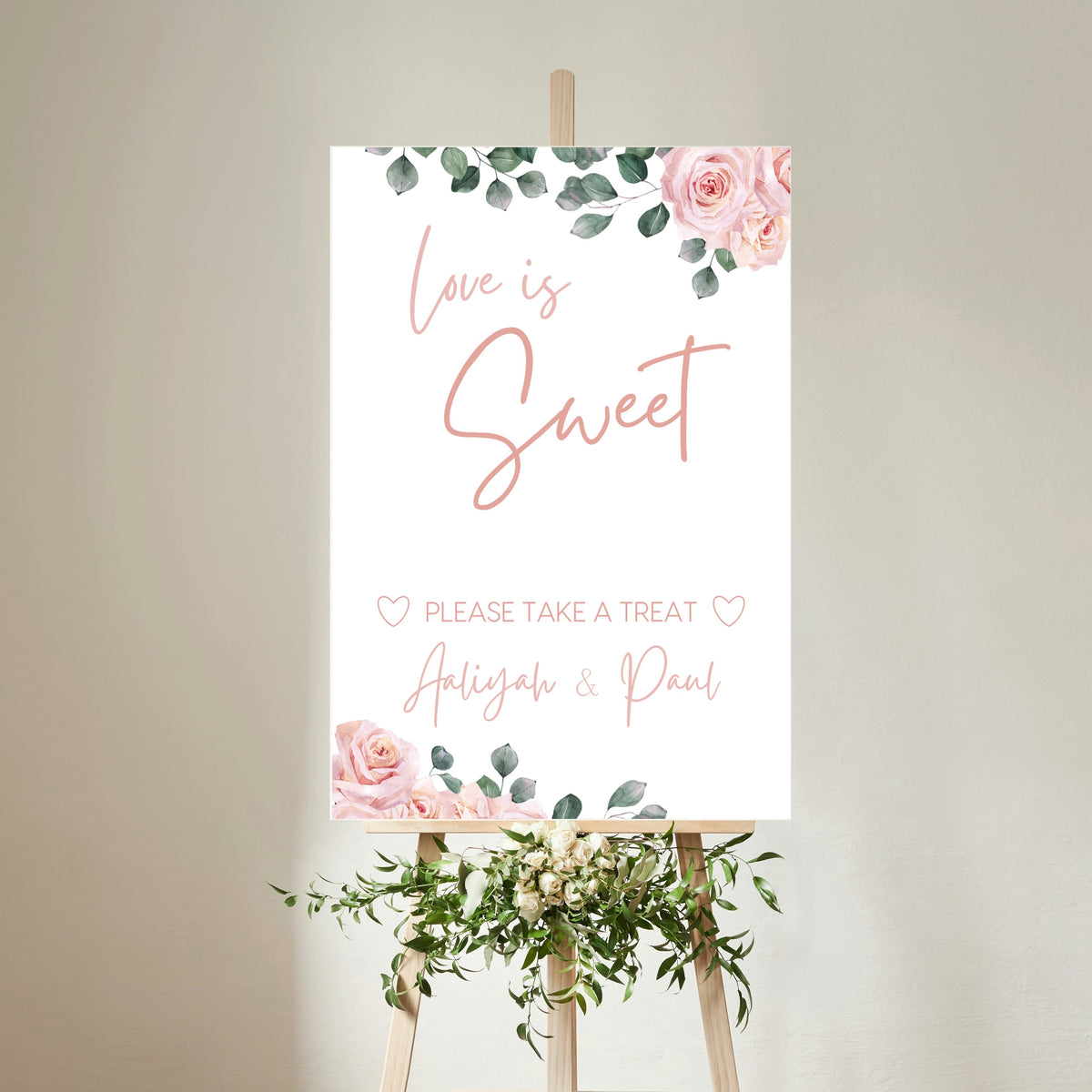 pink roses floral wedding sweet table sign - personalised love is sweet sign 