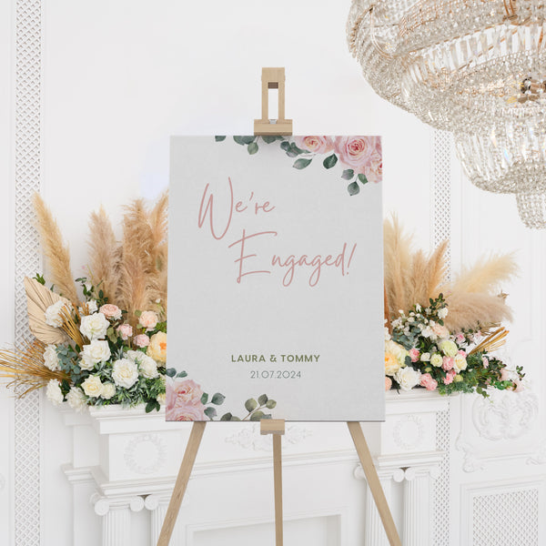 Pink Roses Floral "We're Engaged!" Engagement Party Sign