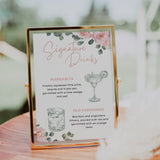 pink roses floral signature drinks sign - personalised signature cocktails wedding sign uk