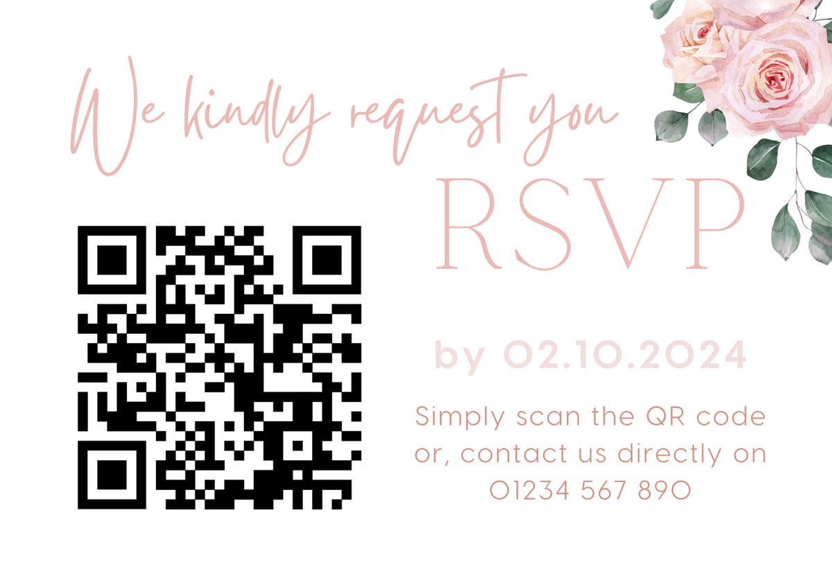 pink roses floral wedding RSVP with QR - personalised wedding RSVPs invitations