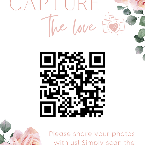 pink roses floral guest photo sharing QR code sign - personalised wedding reception sign