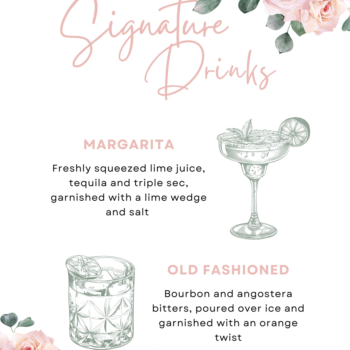 pink roses floral signature drinks sign - personalised signature cocktails wedding sign uk