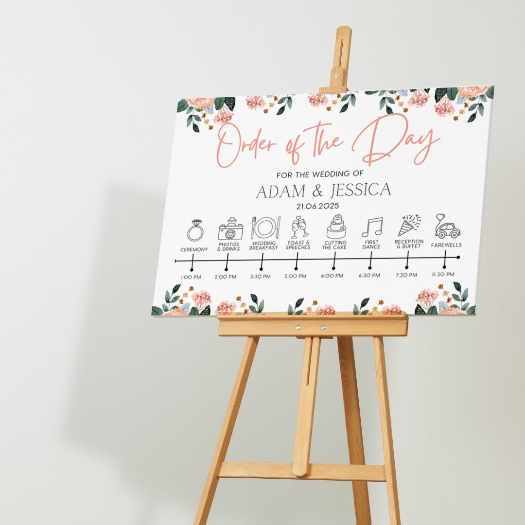 pink and peach floral order of the day sign for weddings - personalised - customizable