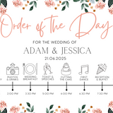 pink and peach floral order of the day sign for weddings - personalised - customizable