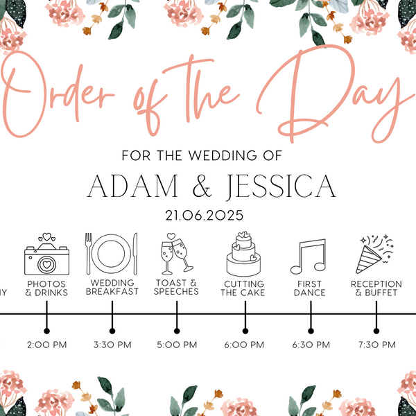 pink and peach floral order of the day sign for weddings - personalised - customizable