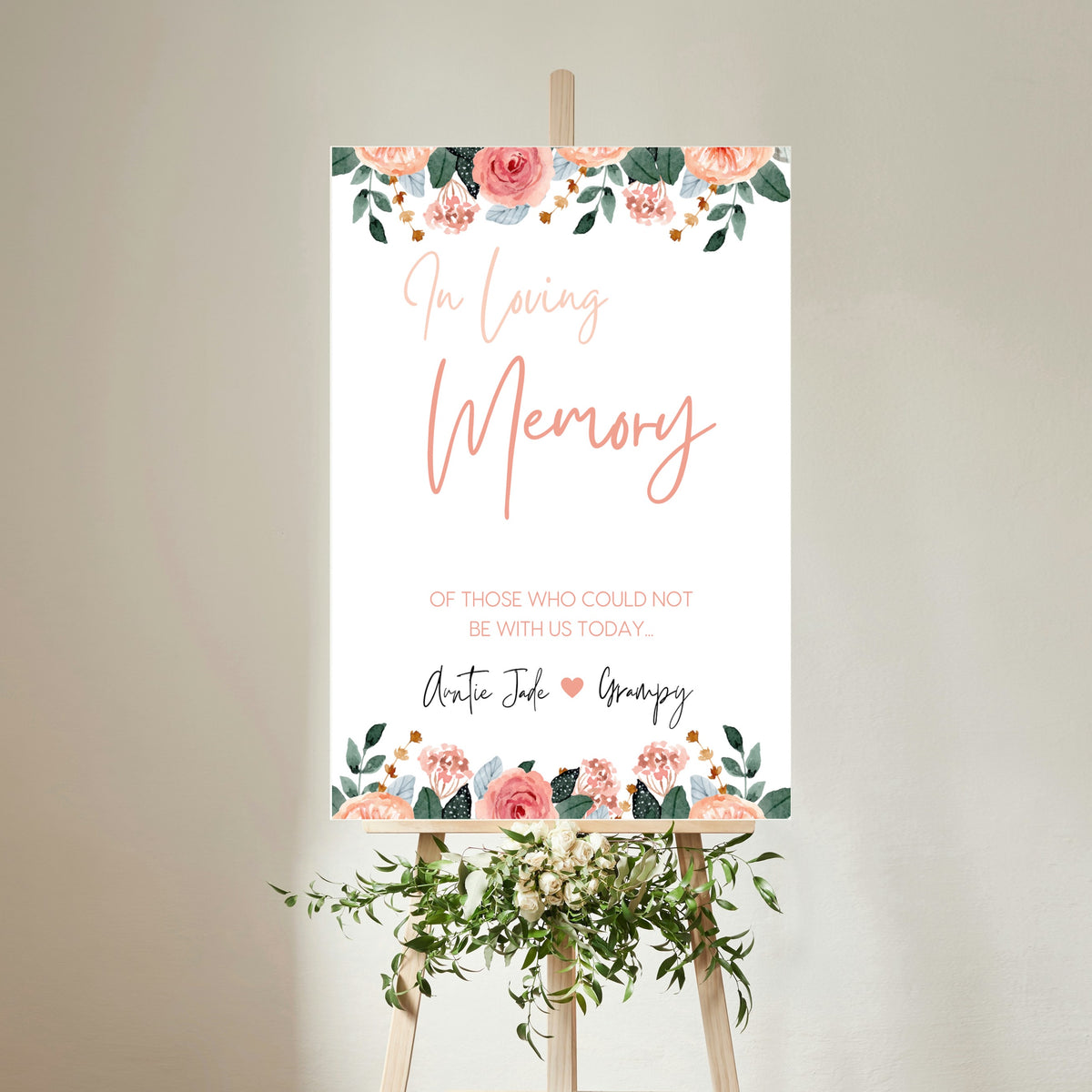 pink and peach floral in loving memory table sign - affordable personalised wedding signs