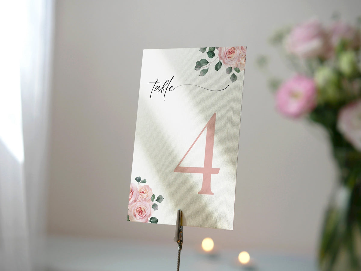 pink roses floral table number for wedding tables - luxury wedding table numbers personalised
