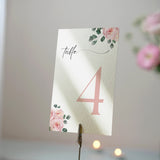 pink roses floral table number for wedding tables - luxury wedding table numbers personalised