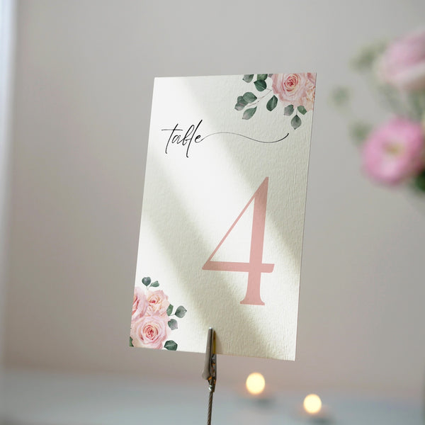pink roses floral table number for wedding tables - luxury wedding table numbers personalised