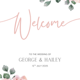 Pink Rose Floral wedding welcome sign in portrait orientation. A beautiful wedding welcome board, personalised with names and a date, adorned with pink roses and soft blush hues.