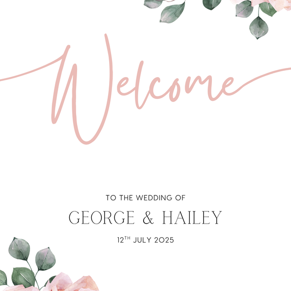 Pink Rose Floral wedding welcome sign in portrait orientation. A beautiful wedding welcome board, personalised with names and a date, adorned with pink roses and soft blush hues.