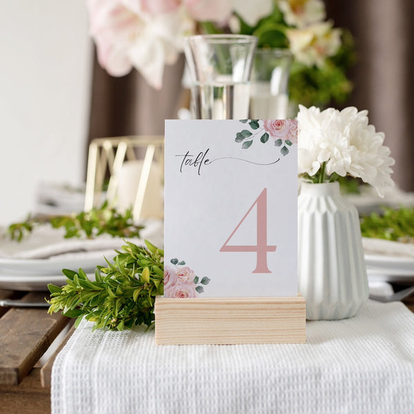 pink roses floral table number for wedding tables - luxury wedding table numbers personalised