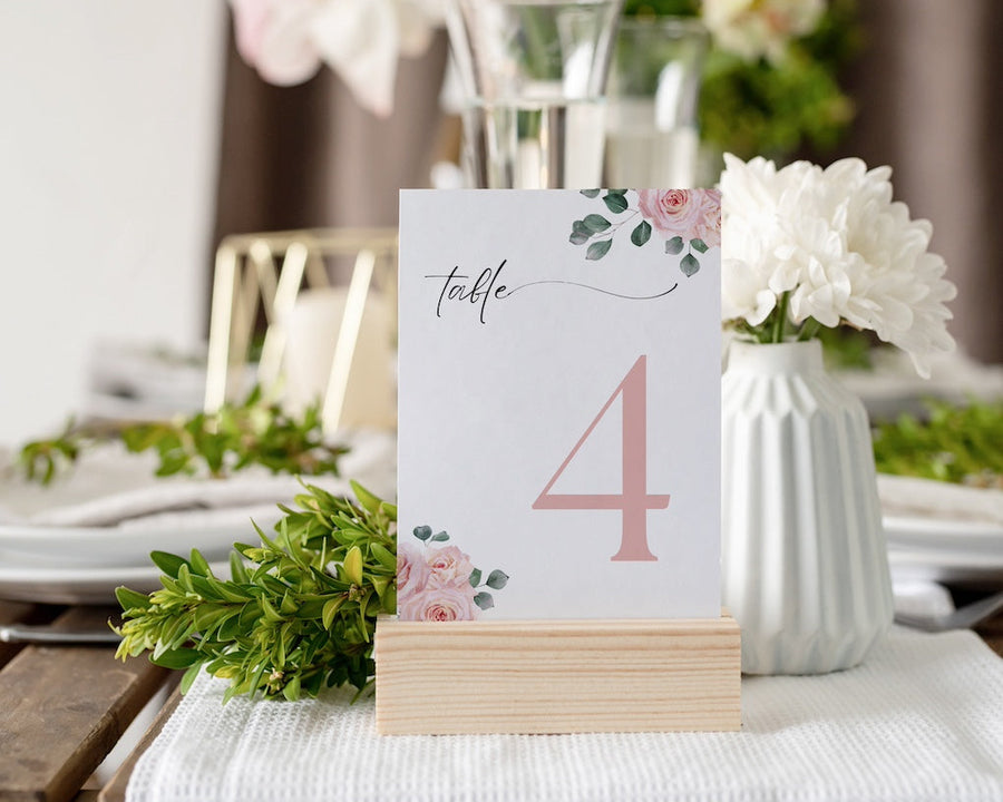 pink roses floral table number for wedding tables - luxury wedding table numbers personalised