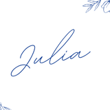 Santorini wedding place card with blue botanical sketches and elegant handwritten script