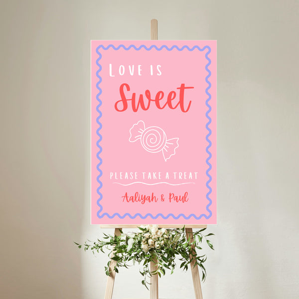 pink and red abstract wedding sweet table sign - personalised love is sweet sign 