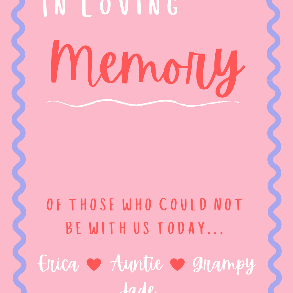 pink and red abstract in loving memory table sign - affordable personalised wedding signs