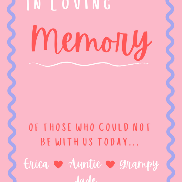 pink and red abstract in loving memory table sign - affordable personalised wedding signs