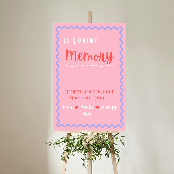 pink and red abstract in loving memory table sign - affordable personalised wedding signs