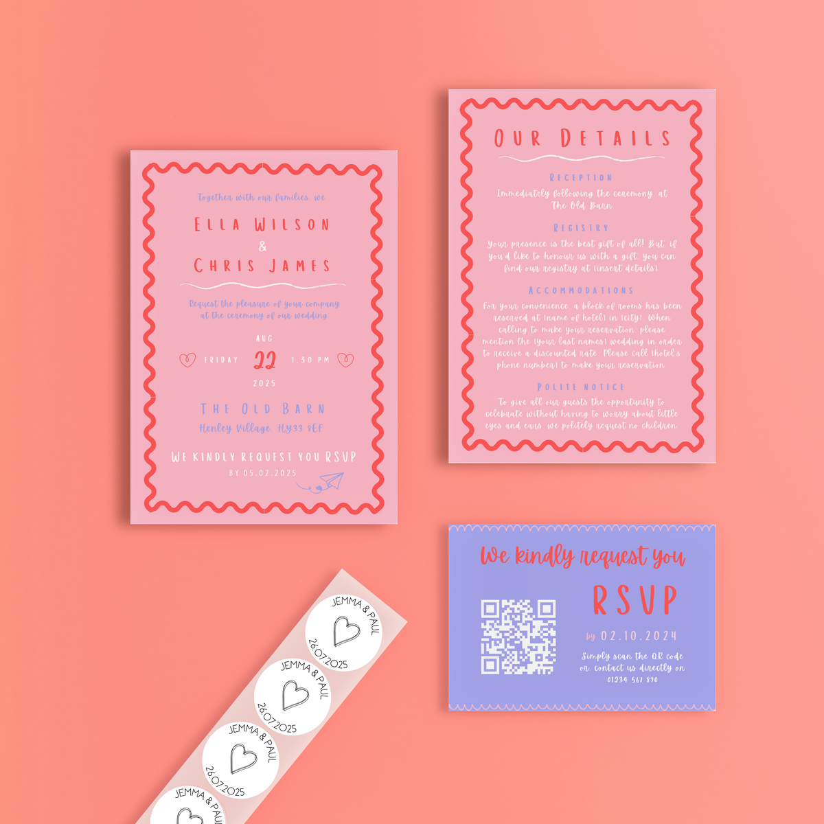 playful pink and red wedding stationery essentials bundle - wedding stationery bundle customised - wedding invites bundle with rsvp - personalised wedding invites rsvp bundle