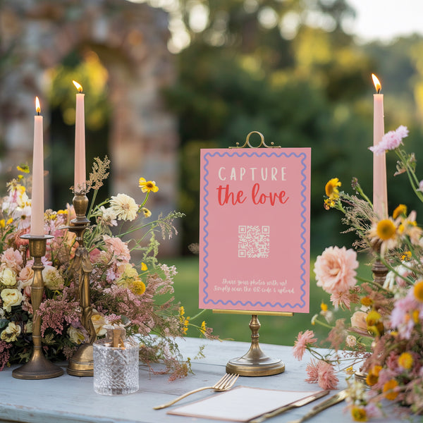 cutesy pink and red photo sharing qr code sign for wedding tables - luxury wedding table signage for guests to share photos