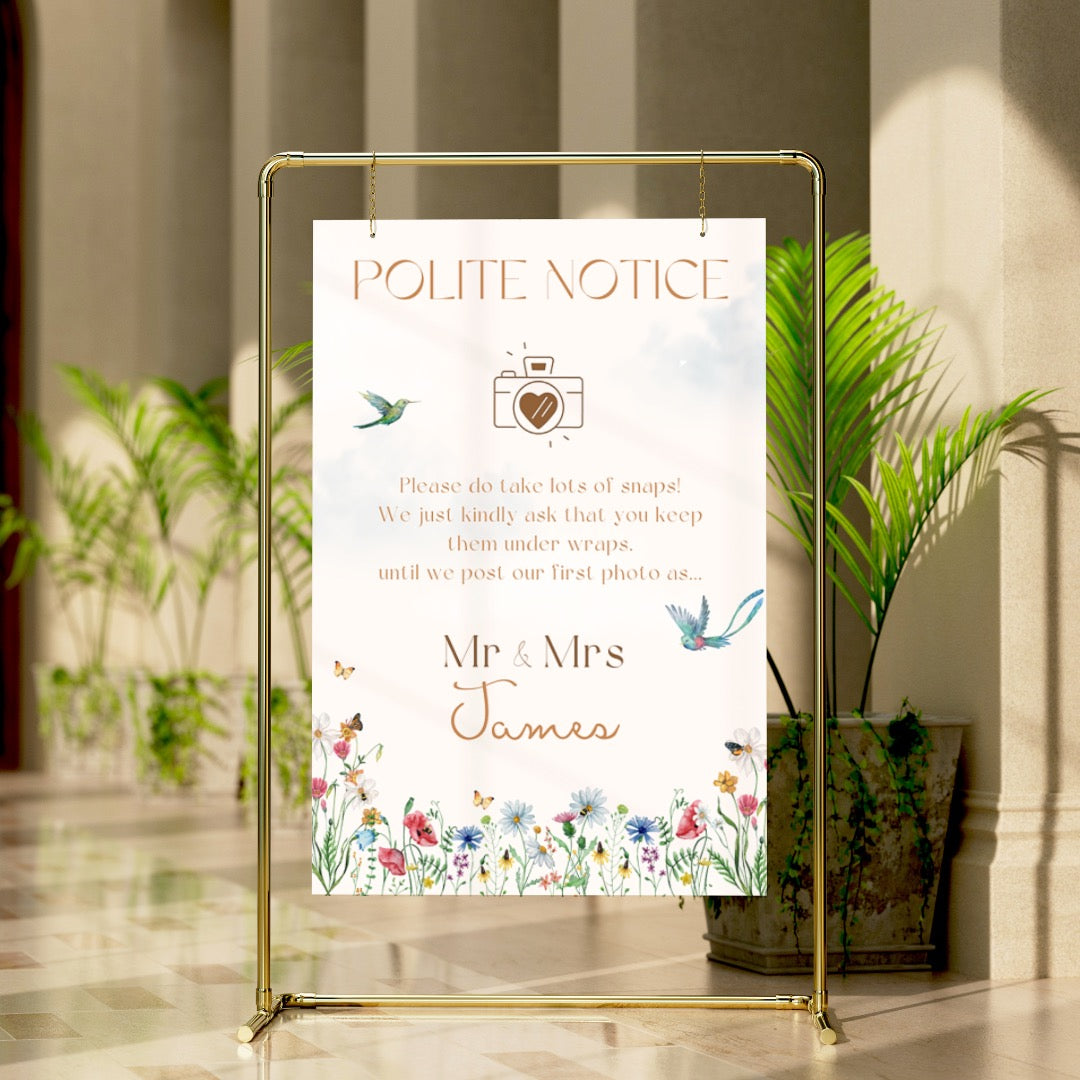 fairytale style polite photography notice sign - affordable personalised wedding signs