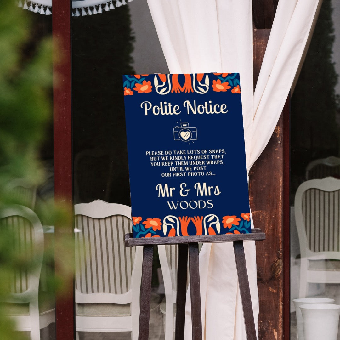 retro navy polite notice wedding sign - affordable personalised wedding signs