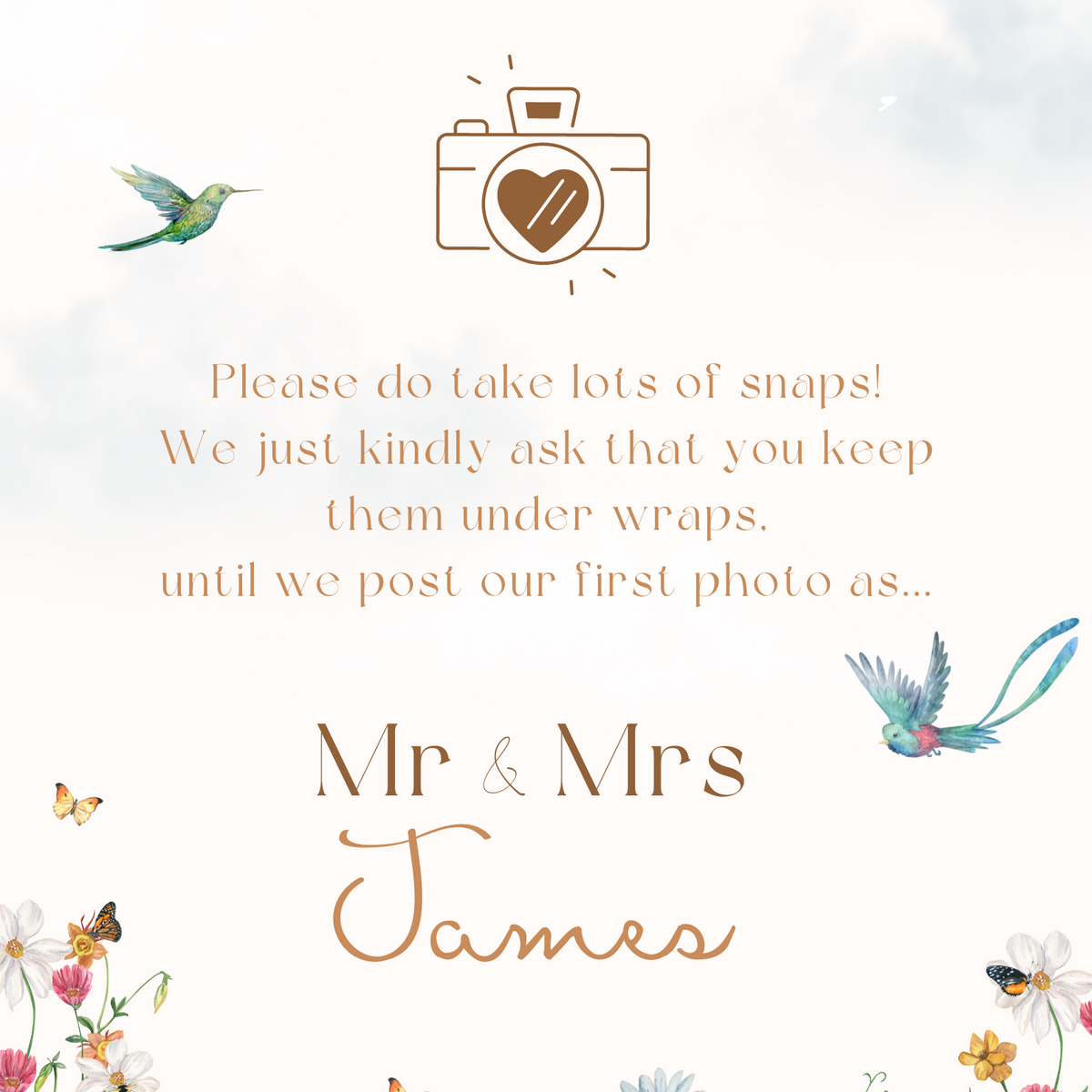 fairytale style polite photography notice sign - affordable personalised wedding signs