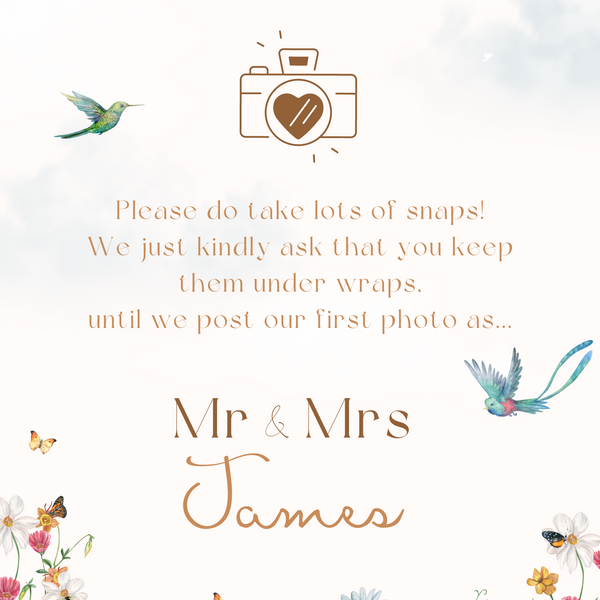 fairytale style polite photography notice sign - affordable personalised wedding signs