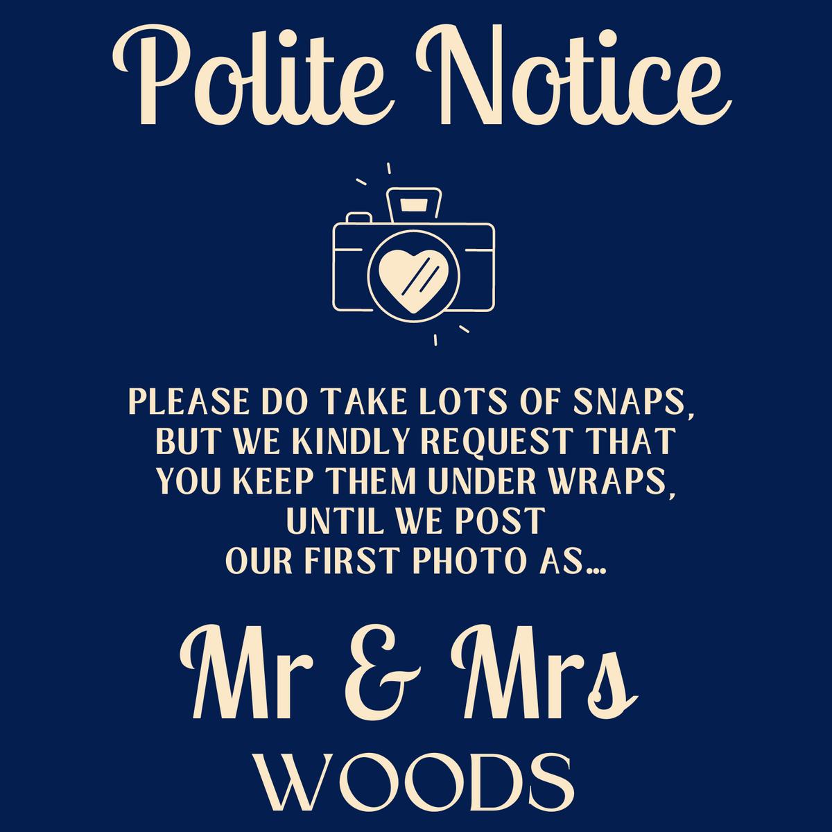 retro navy polite notice wedding sign - affordable personalised wedding signs