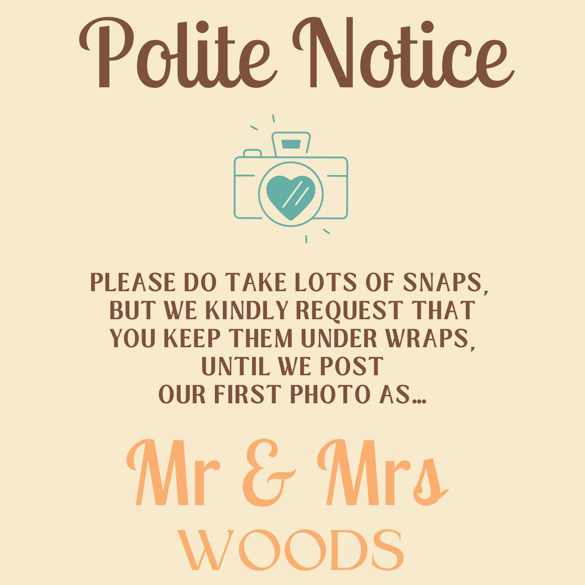 retro creamwedding polite notice sign - affordable personalised wedding signs