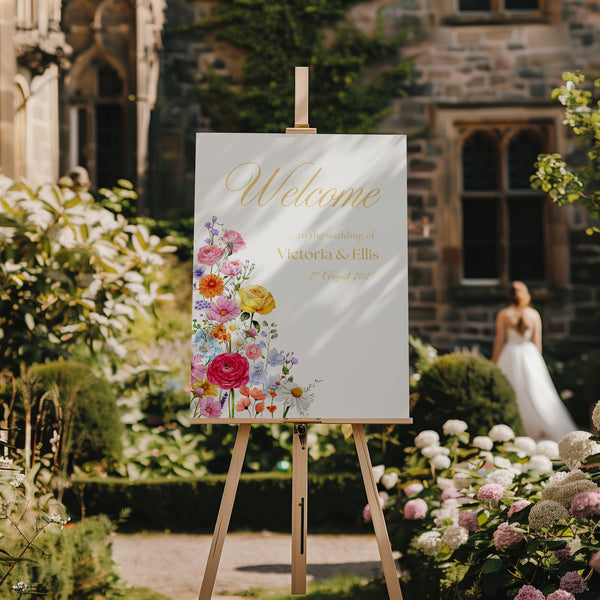 Portrait Wedding Welcome Sign - Our Summer Collection features beautiful wedding stationery and signage with gentle summer colours, vibrant florals, and soft butter yellow text – perfect for adding a fresh, romantic feel to your special day.