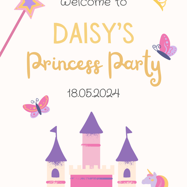 girly princess party birthday party sign - custom child birthday party sign for girls - princess themed party decor uk