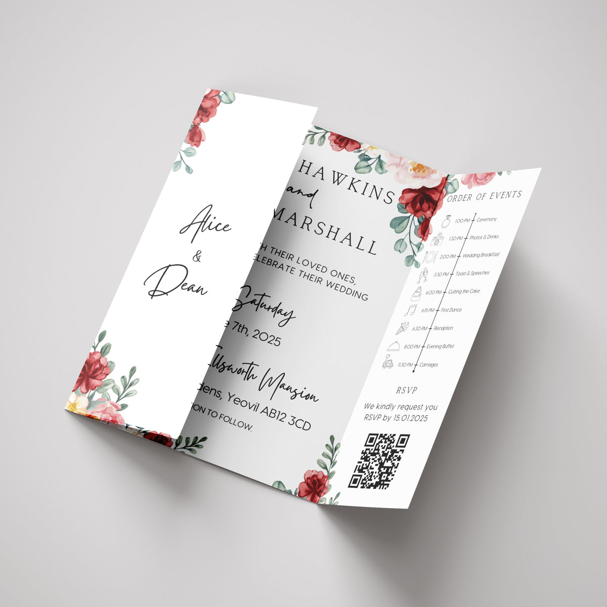 Red & Cream Floral Gatefold Wedding Invitations