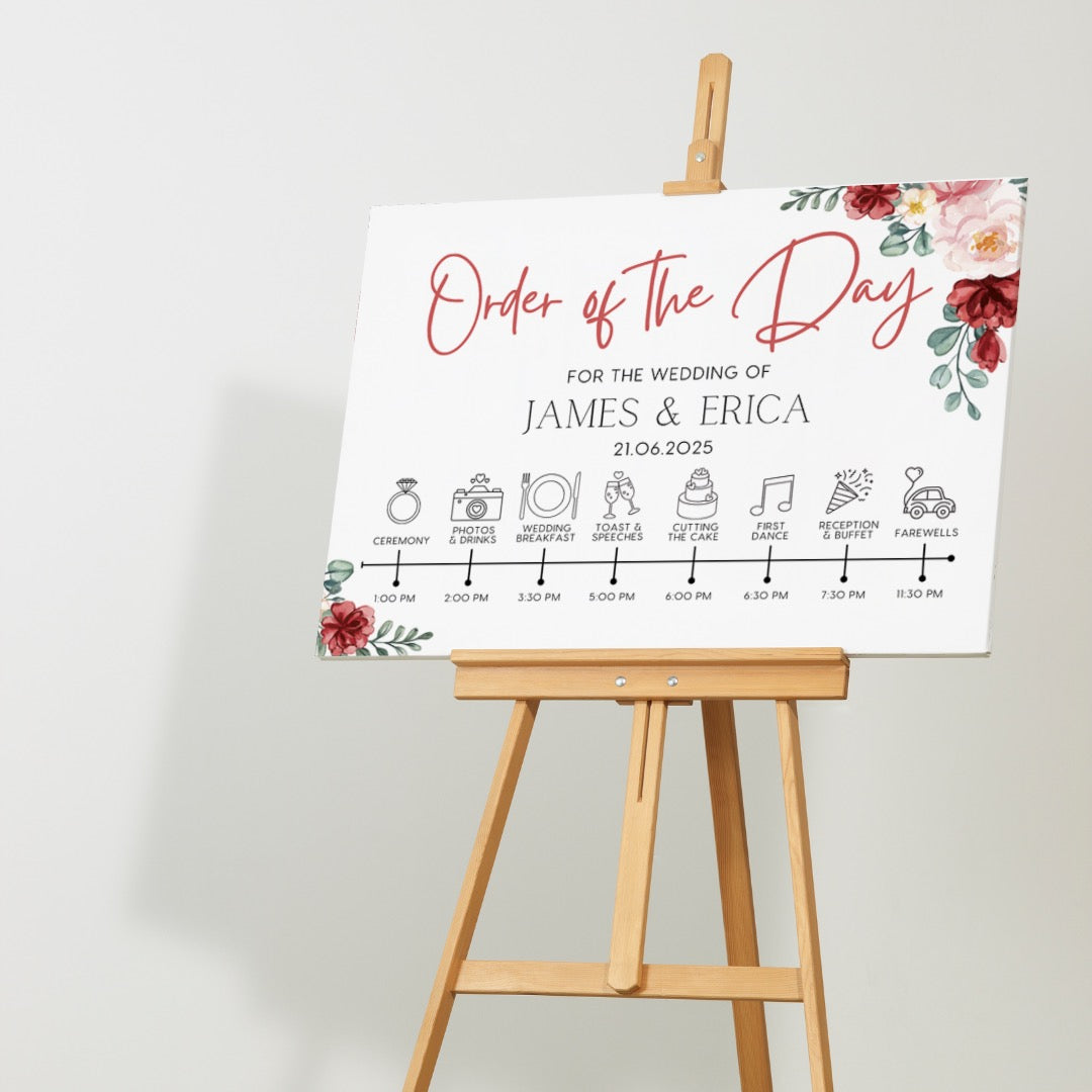 Red and cream floral order of the day sign for weddings - personalised - customizable