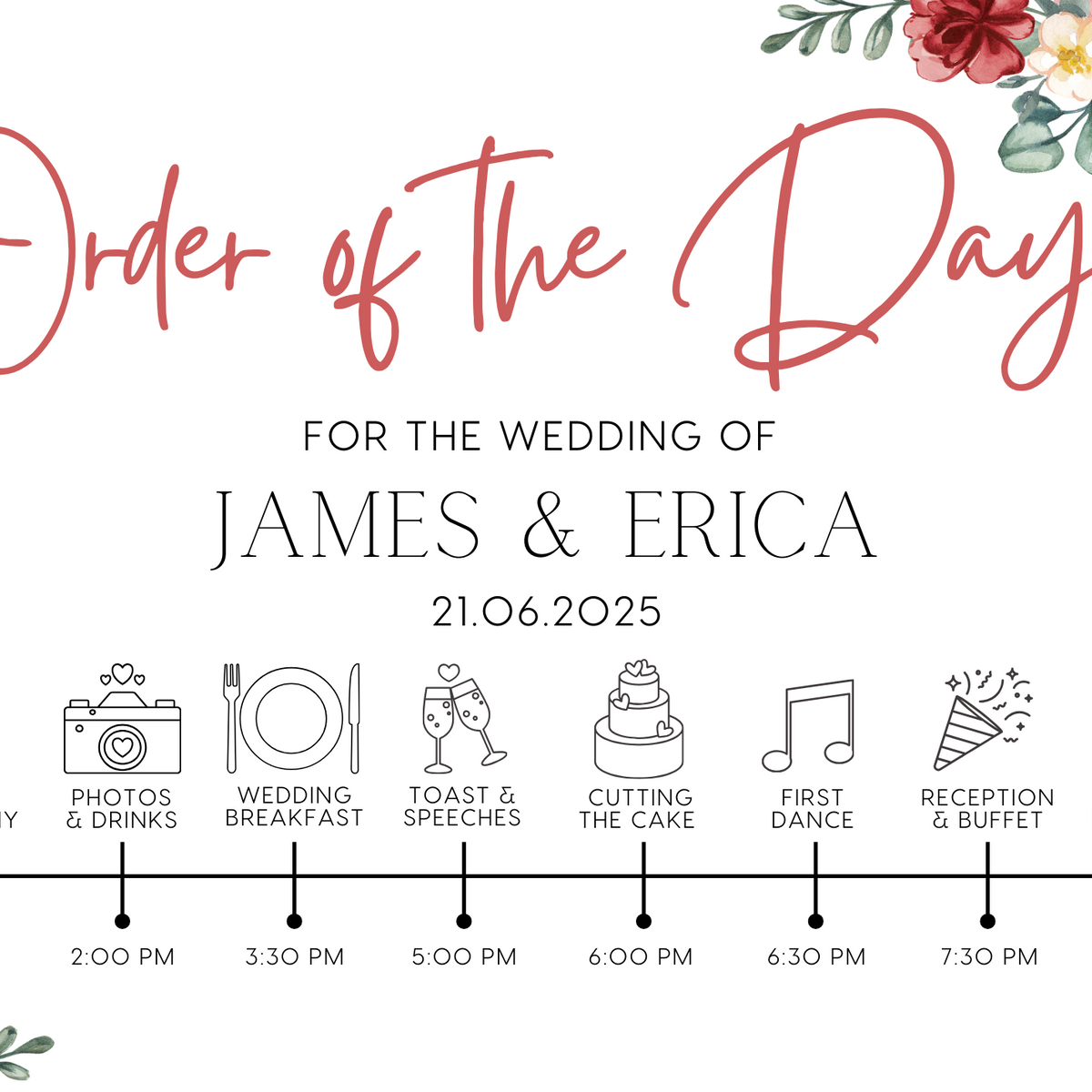 Red and cream floral order of the day sign for weddings - personalised - customizable