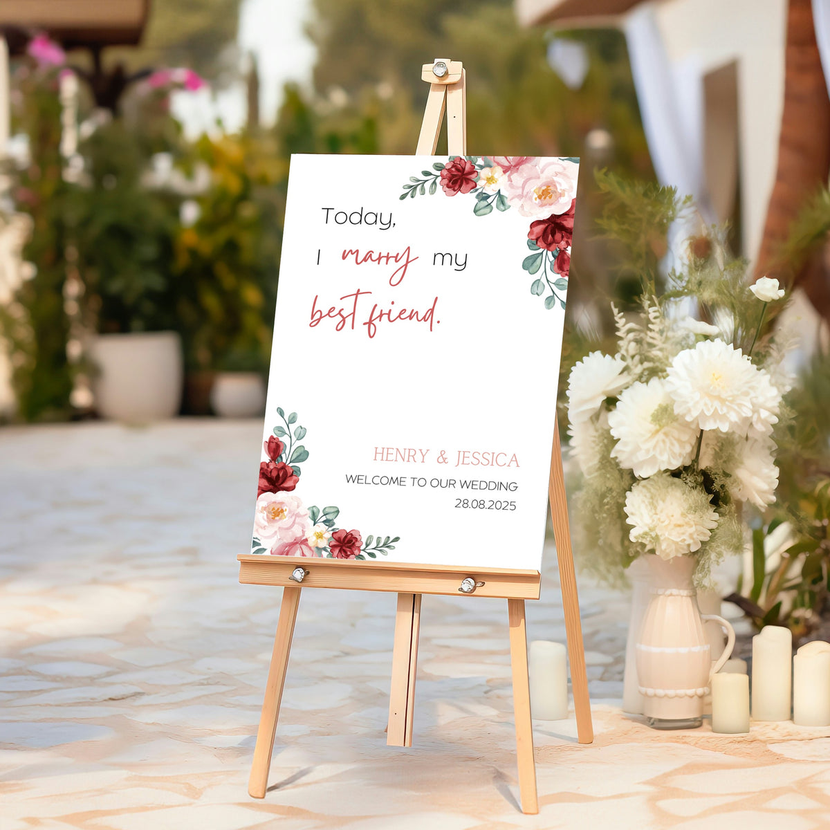 red and cream floral today I marry my best friend wedding welcome sign personalised