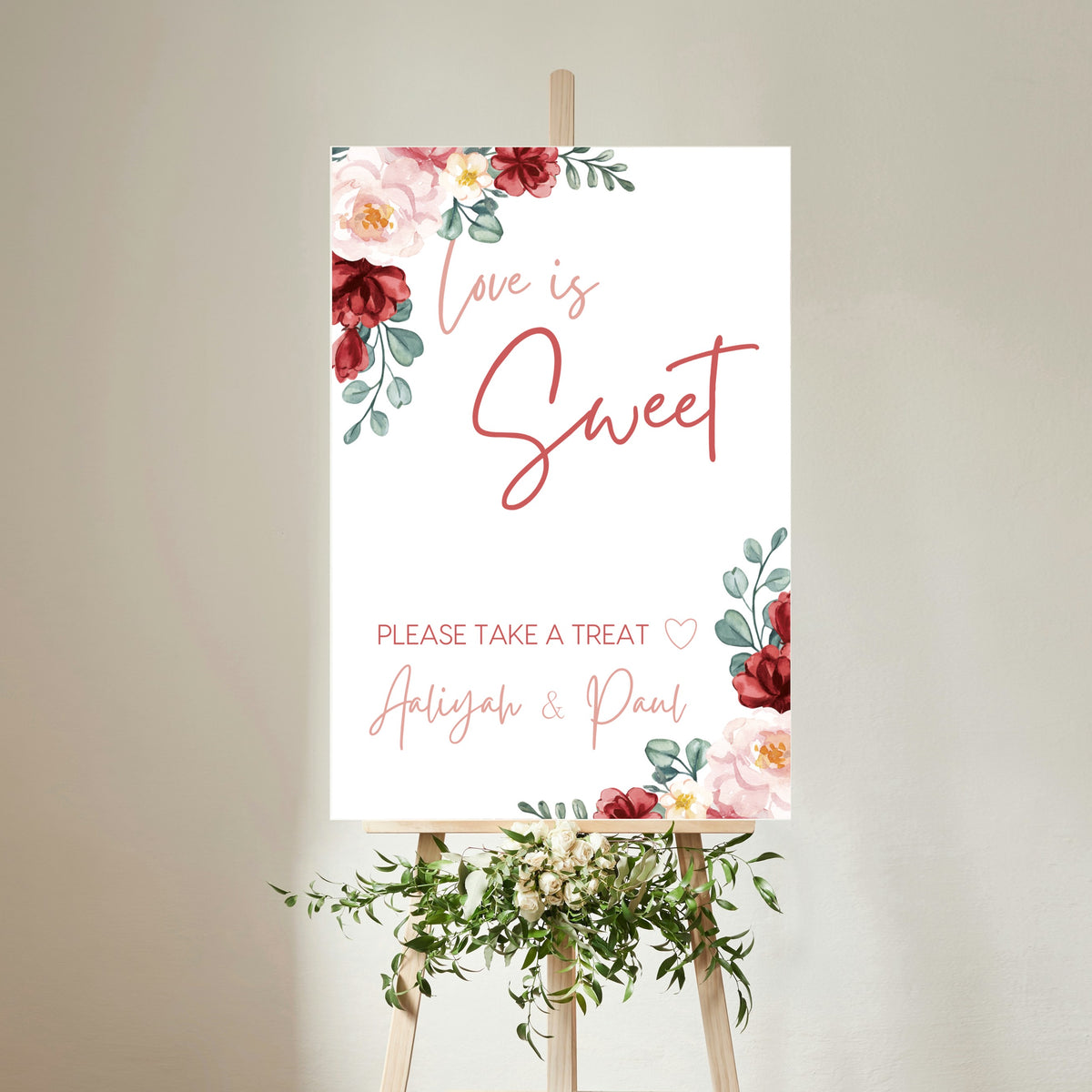 red and cream floral wedding sweet table sign - personalised love is sweet sign 