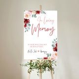 red and cream floral in loving memory table sign - affordable personalised wedding signs