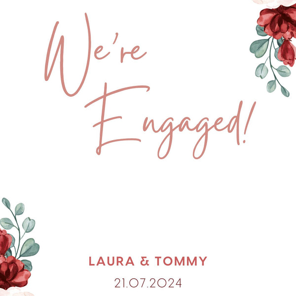 Custom Red & Cream Floral "We're Engaged!" Engagement Party Sign