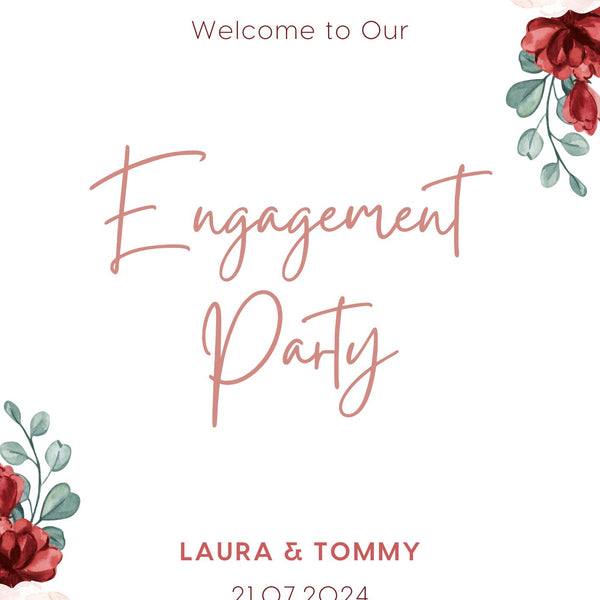 Red and cream floral engagement party welcome sign | personalised burgundy floral engagement party sign