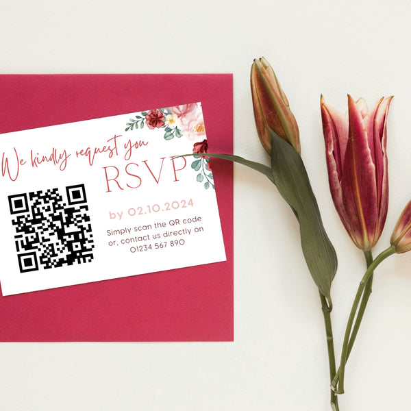 red and cream floral wedding RSVP with QR - personalised wedding RSVPs invitations