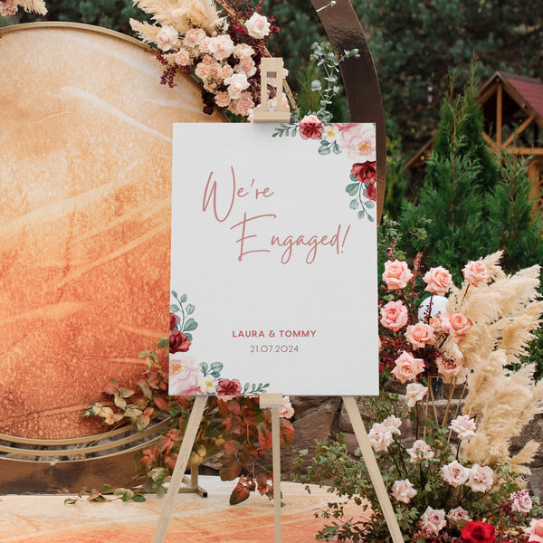 Custom Red & Cream Floral "We're Engaged!" Engagement Party Sign