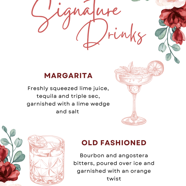 burgundy floral signature drinks sign - personalised signature cocktails wedding sign uk